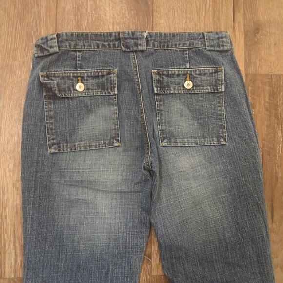 Y2K Hipster Women's Size 32x29 Flared Jeans Denim Blue Whiskered Wide Leg - Picture 9 of 9